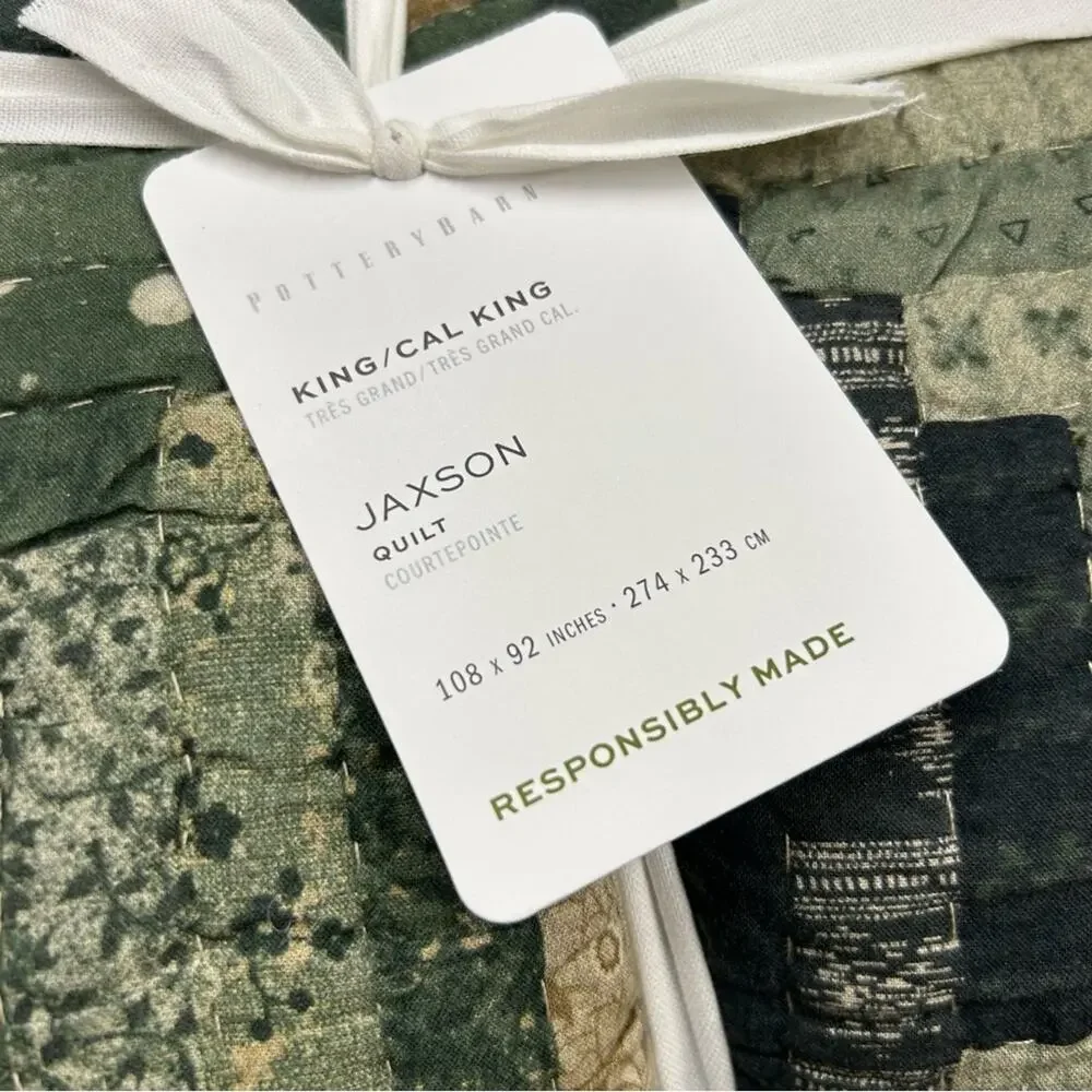 Pottery Barn Jaxson Quilt Patchwork Green Cream Reversible King / California NWT